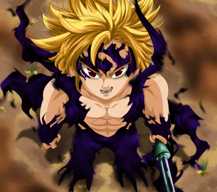 Meliodas (The Seven Deadly Sins) in demonic form, torn black aura and fierce glare, ripped clothing and sword—anime HD PC desktop wallpaper/background.