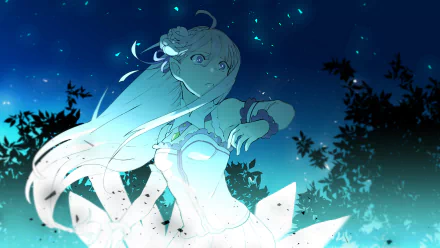 HD anime desktop wallpaper featuring Emilia from Re:Zero – Starting Life in Another World, surrounded by a magical blue glow under a starry night sky.