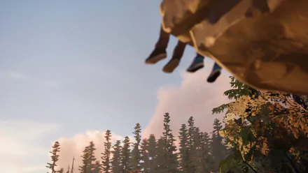 HD PC desktop wallpaper from the video game Life Is Strange 2, showing characters sitting on a ledge above a forest under a soft, colorful sky.