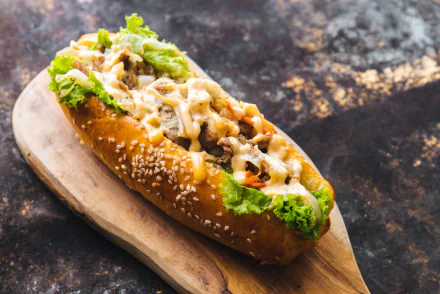 4K Ultra HD wallpaper of a sesame hot dog bun filled with lettuce, shredded meat, and melted cheese on a wooden board against a rustic background.