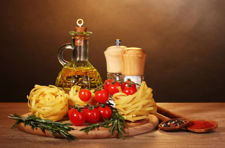 4K Ultra HD PC desktop wallpaper still life: pasta nests, cherry tomatoes, a bottle of olive oil, rosemary and spices arranged on a wooden board as food decor.