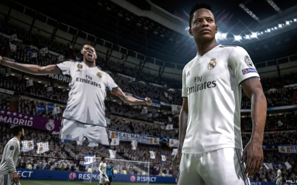 HD desktop wallpaper featuring a scene from FIFA 19 with realistic football players in a stadium, wearing Real Madrid kits.