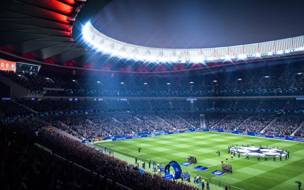 HD desktop wallpaper of a FIFA 19 in-game football stadium packed with fans during an evening match.