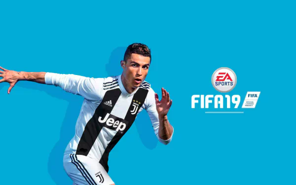 HD desktop wallpaper featuring Cristiano Ronaldo in Juventus kit for FIFA 19 game, with a vibrant blue background.