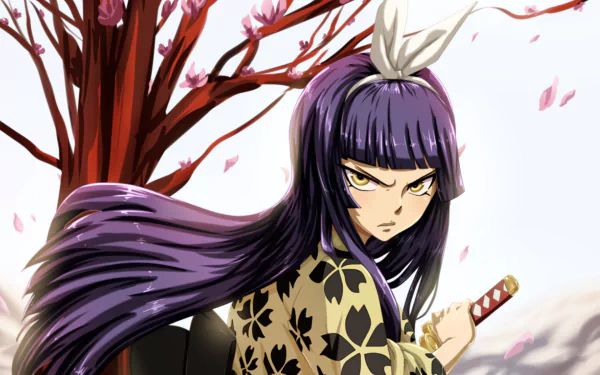 HD anime desktop wallpaper featuring Kagura Mikazuchi from Fairy Tail, with flowing purple hair and a determined look, set against a backdrop of cherry blossoms.