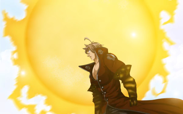HD anime wallpaper featuring Escanor and Estarossa from The Seven Deadly Sins, with Escanor standing boldly against a radiant, fiery sun background.