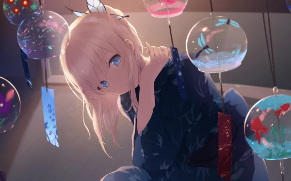 HD wallpaper of Sena Kashiwazaki from 'Boku Wa Tomodachi Ga Sukunai' featuring her among ethereal glowing fish tanks.