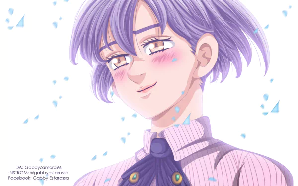 HD PC desktop wallpaper featuring Jericho from The Seven Deadly Sins anime, showcasing her with purple hair and a soft smile against a light background with falling petals.