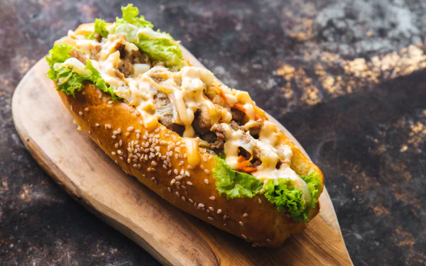 4K Ultra HD wallpaper of a sesame hot dog bun filled with lettuce, shredded meat, and melted cheese on a wooden board against a rustic background.