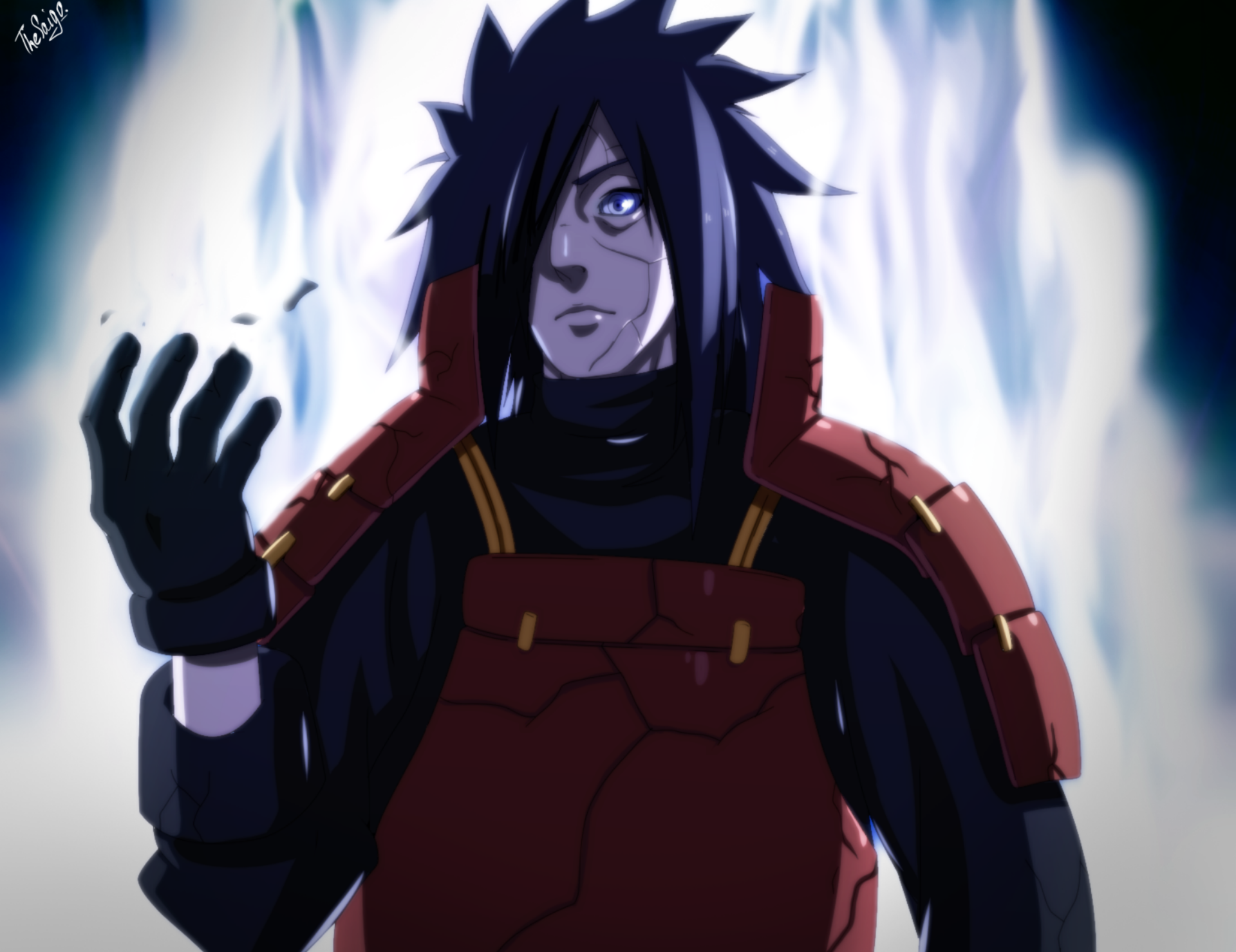 HD PC desktop wallpaper of Madara Uchiha from Naruto, anime portrait in red armor with long black hair, raised hand and a glowing blue-white chakra aura.