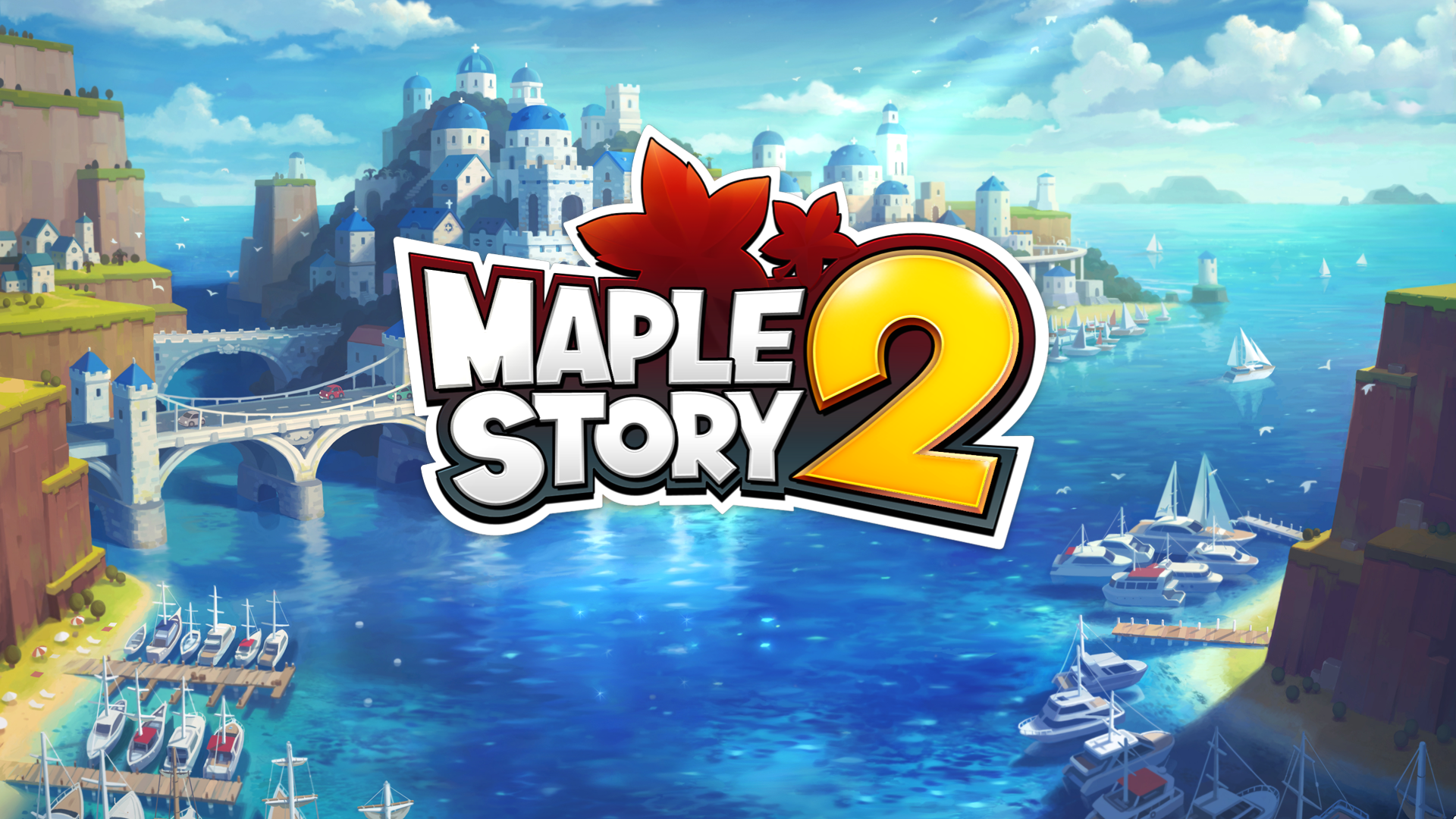 HD desktop wallpaper of MapleStory 2 featuring vibrant artwork of a coastal cityscape with boats and a bridge.