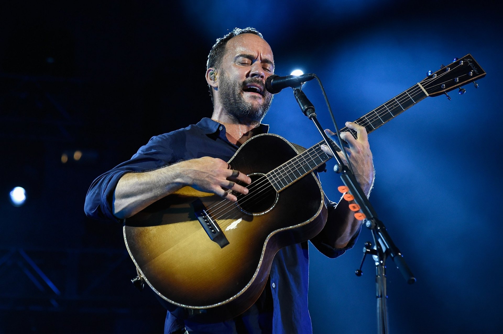 HD desktop wallpaper featuring a passionate guitarist from Dave Matthews Band performing live on stage.