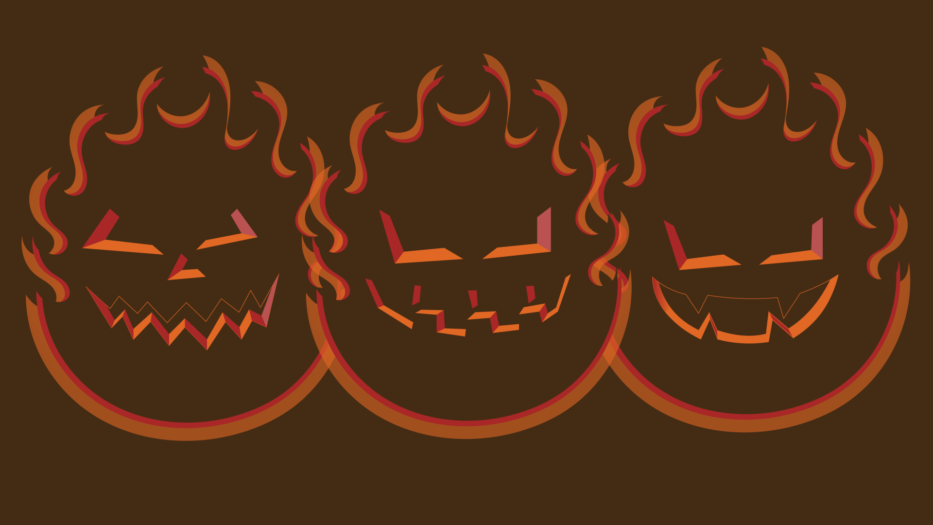 Three glowing jack-o'-lantern faces made of orange flames on a dark background, designed as an 8K Ultra HD Halloween holiday PC desktop wallpaper.