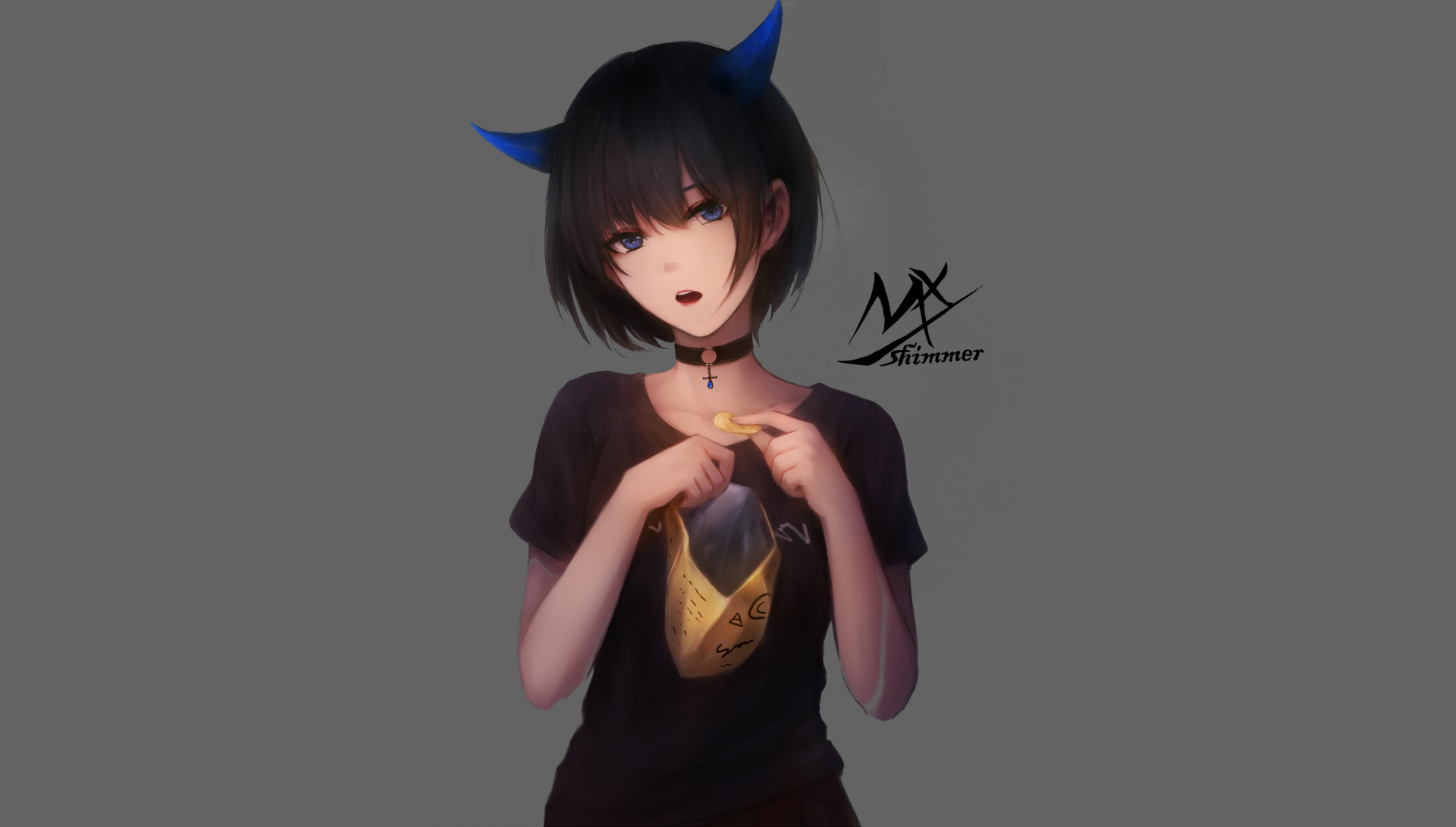 Anime-style original artwork of a short-haired character with black hair, blue eyes, and small blue horns, holding a bag of chips against a gray background.