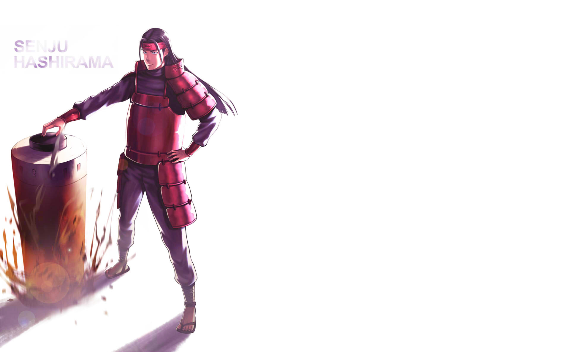 HD PC desktop wallpaper featuring Hashirama Senju from the anime Naruto, depicted in red armor with his hand resting on a wooden pillar against a minimal white background.