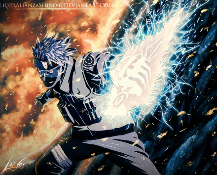HD anime desktop wallpaper featuring Kakashi Hatake from Naruto, depicted with intense expression and lightning-charged hand against a fiery background.