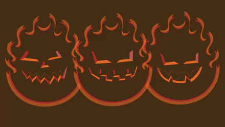 Three glowing jack-o'-lantern faces made of orange flames on a dark background, designed as an 8K Ultra HD Halloween holiday PC desktop wallpaper.