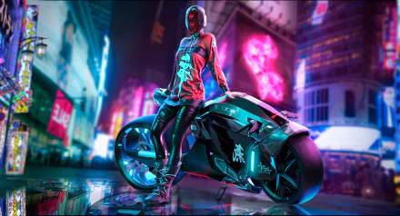 A high-definition wallpaper featuring a cyberpunk themed scene with a futuristic motorcycle and rider in a neon-lit cityscape.