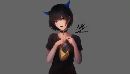 Anime-style original artwork of a short-haired character with black hair, blue eyes, and small blue horns, holding a bag of chips against a gray background.