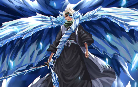 HD anime desktop wallpaper featuring Tōshirō Hitsugaya from Bleach, depicted with striking ice wings and a dynamic blue and white color scheme.