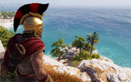 4K Ultra HD Assassin's Creed Odyssey PC wallpaper showing a Spartan warrior overlooking a sunlit coastline with clear blue waters and lush greenery.