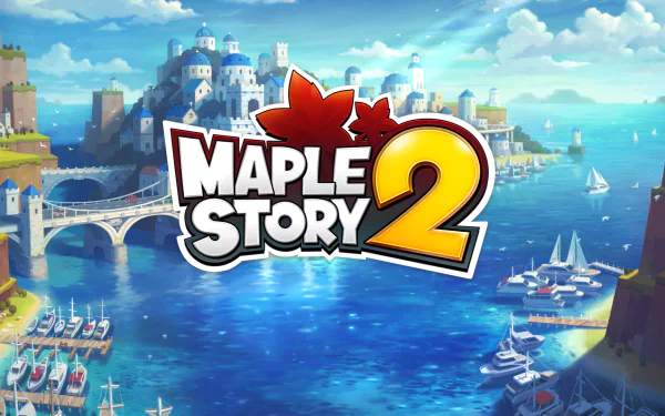 HD desktop wallpaper of MapleStory 2 featuring vibrant artwork of a coastal cityscape with boats and a bridge.