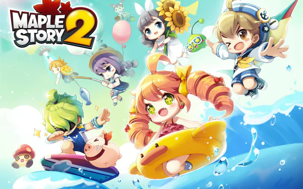HD desktop wallpaper featuring colorful MapleStory 2 characters adventuring and having fun.
