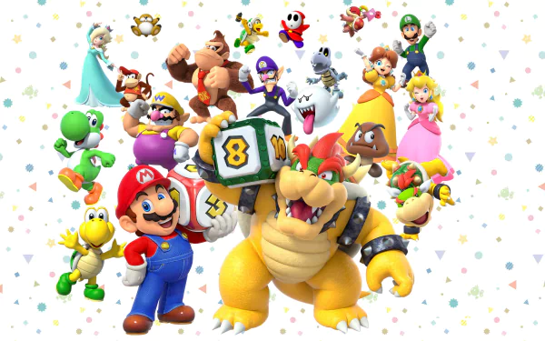HD desktop wallpaper of Super Mario Party characters, including Mario, Yoshi, and Bowser, surrounding a dice block.