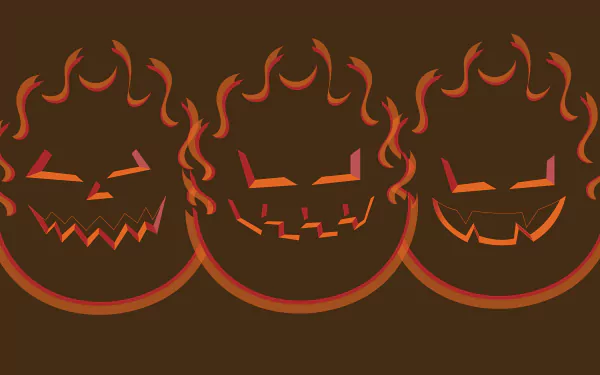 Three glowing jack-o'-lantern faces made of orange flames on a dark background, designed as an 8K Ultra HD Halloween holiday PC desktop wallpaper.