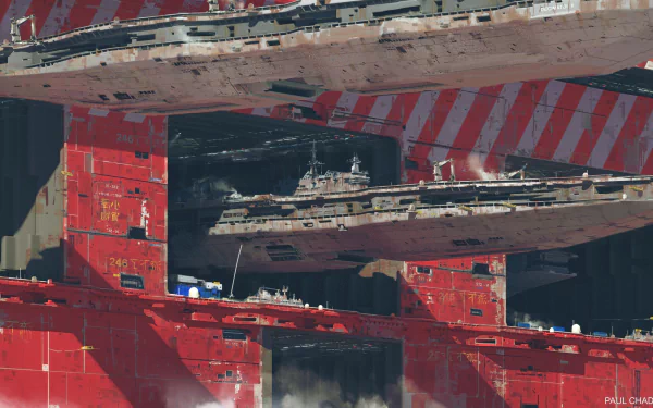 HD desktop wallpaper featuring a Sci-Fi spaceship in a complex, futuristic red and white metallic structure.