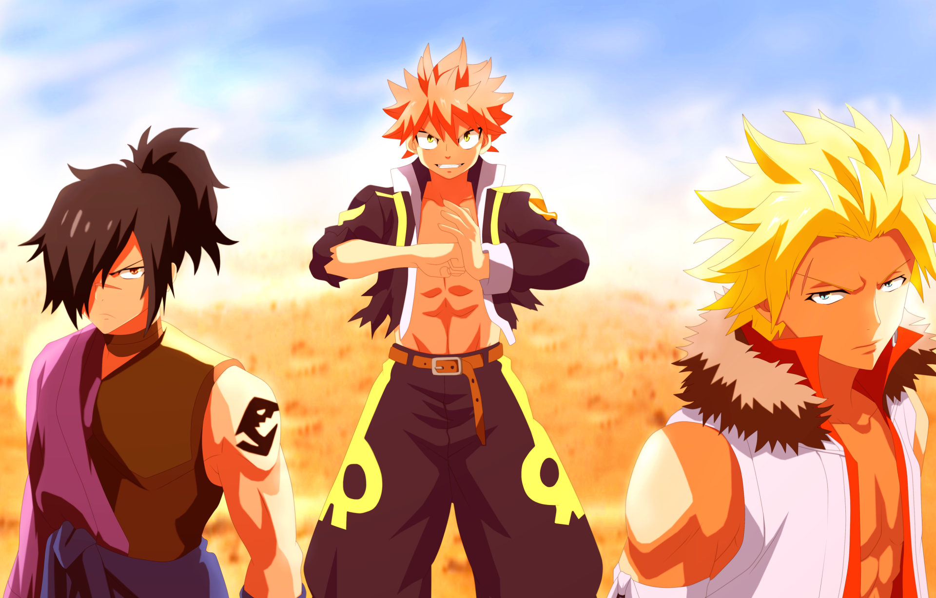 5K Ultra HD PC desktop wallpaper/background of Fairy Tail anime, featuring Rogue Cheney, Sting Eucliffe and Natsu Dragneel posing against a sunlit sky.