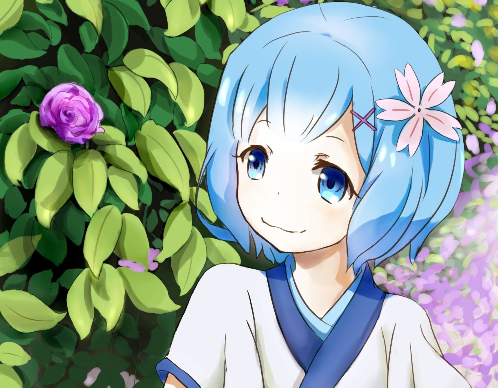 Rem (Re:ZERO) - blue-haired anime girl from Re:Zero - Starting Life in Another World, smiling with a pink flower in her hair amid green leaves and purple blossoms. HD PC desktop wallpaper.