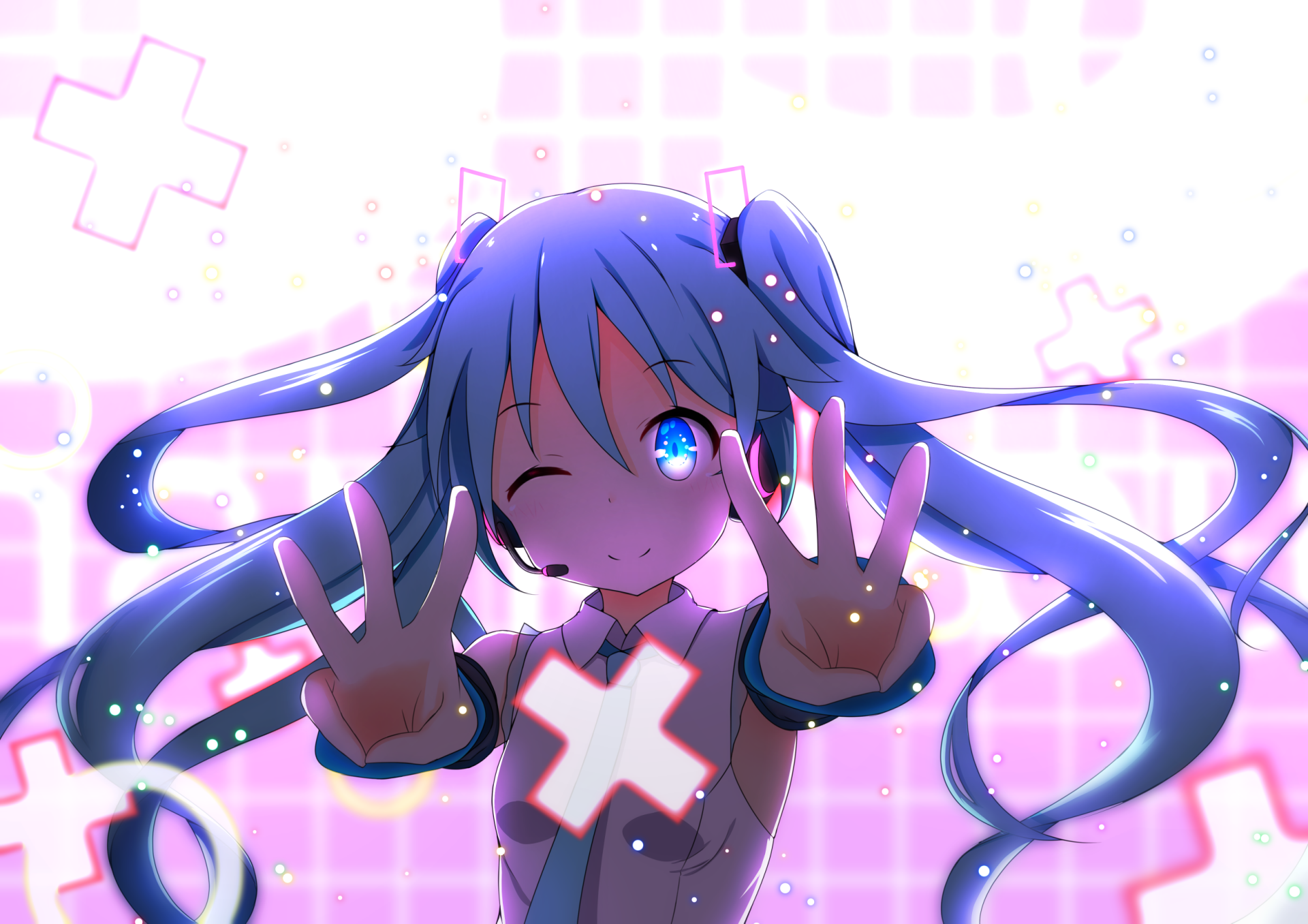 HD PC desktop wallpaper featuring Hatsune Miku from Vocaloid in a colorful anime style with glowing effects and dynamic pose against a bright, patterned background.
