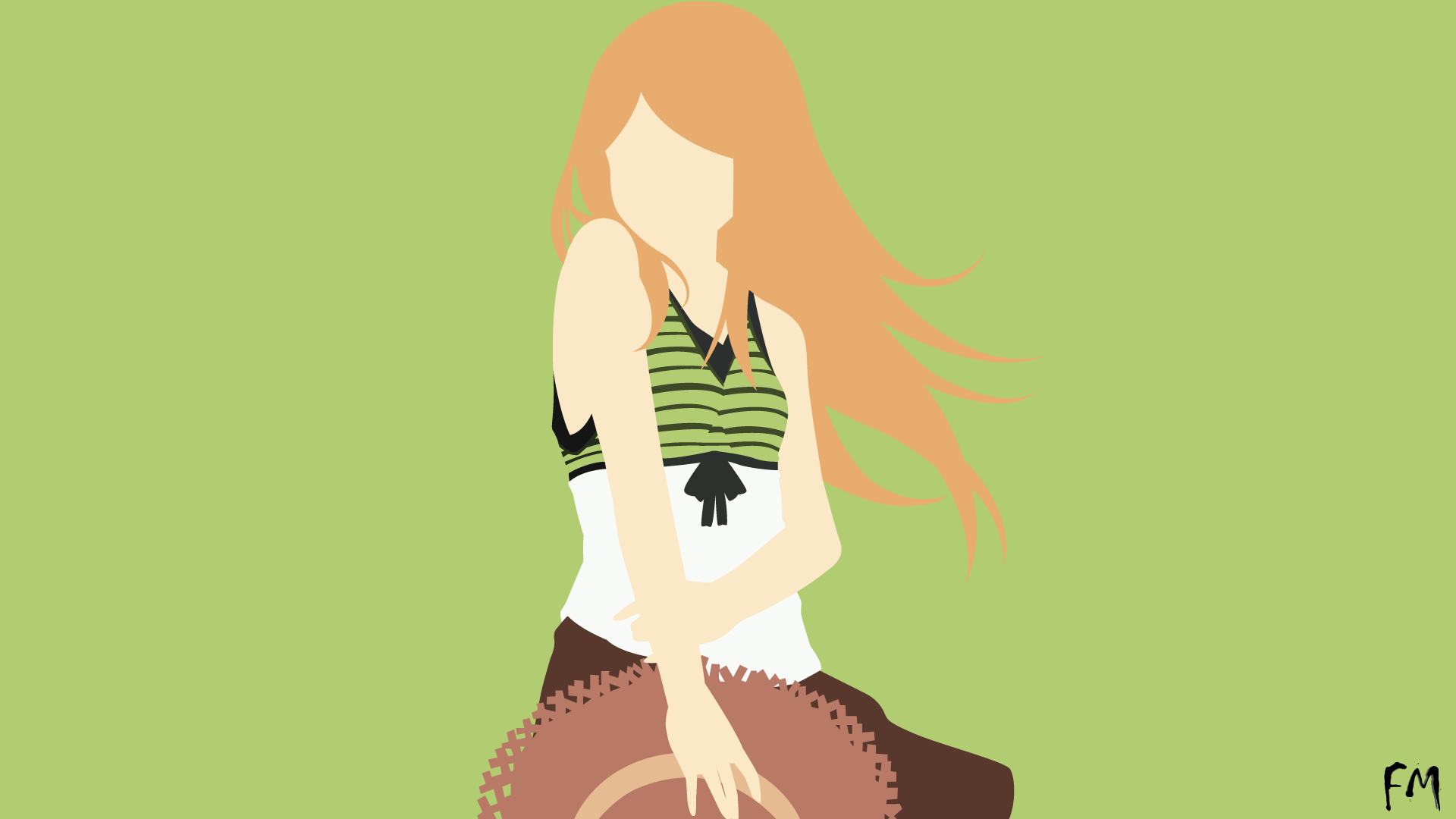 Minimalist HD PC desktop wallpaper of Endou Saya (Dagashi Kashi), anime-style silhouette with flowing orange hair, striped top and straw hat on a pale green background.