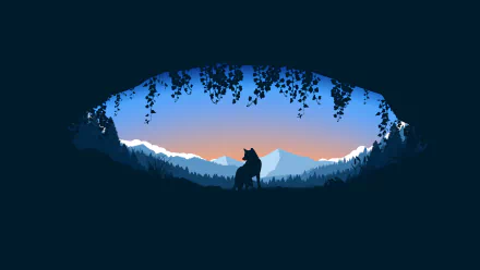 Minimalist HD wallpaper depicting a wolf standing in front of a mountain range as seen from the inside of a cave, with hanging foliage framing the scene.
