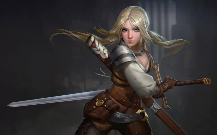 Blonde woman warrior with long hair and blue eyes, wielding a sword in a dark fantasy setting, designed as a HD PC desktop wallpaper.