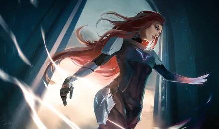HD Sci-Fi desktop wallpaper featuring a woman with long pink hair in futuristic armor, set against a dynamic, glowing background.