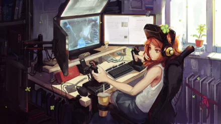 A girl with long red hair sits at a computer, playing games with controllers and wearing headphones, surrounded by a cozy, anime-inspired gaming setup. HD wallpaper and background.
