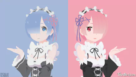 HD desktop wallpaper: split pastel portrait of Rem (blue) and Ram (pink) from Re:Zero - Starting Life in Another World, in maid outfits with floral headbands.