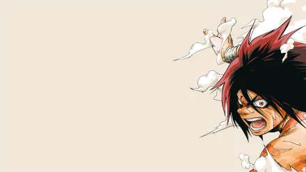 Ushio Hinomaru from Hinomaruzumou (Hinomaru Sumo), fierce anime close-up on the right with explosive motion effects against a beige field — HD PC desktop wallpaper/background.