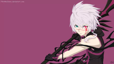 HD PC desktop wallpaper featuring Alexander Nikolaevich Hell from the anime The Qwaser of Stigmata, showcasing his white hair, red eye markings, and dark, flowing elements.