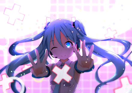HD PC desktop wallpaper featuring Hatsune Miku from Vocaloid in a colorful anime style with glowing effects and dynamic pose against a bright, patterned background.