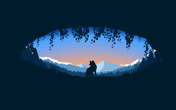 Minimalist HD wallpaper depicting a wolf standing in front of a mountain range as seen from the inside of a cave, with hanging foliage framing the scene.