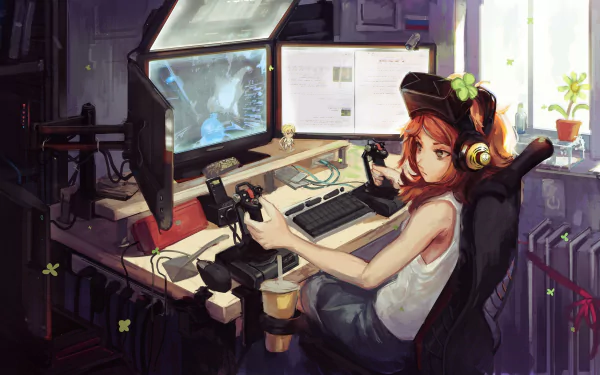 A girl with long red hair sits at a computer, playing games with controllers and wearing headphones, surrounded by a cozy, anime-inspired gaming setup. HD wallpaper and background.