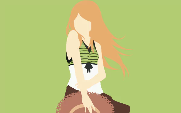 Minimalist HD PC desktop wallpaper of Endou Saya (Dagashi Kashi), anime-style silhouette with flowing orange hair, striped top and straw hat on a pale green background.
