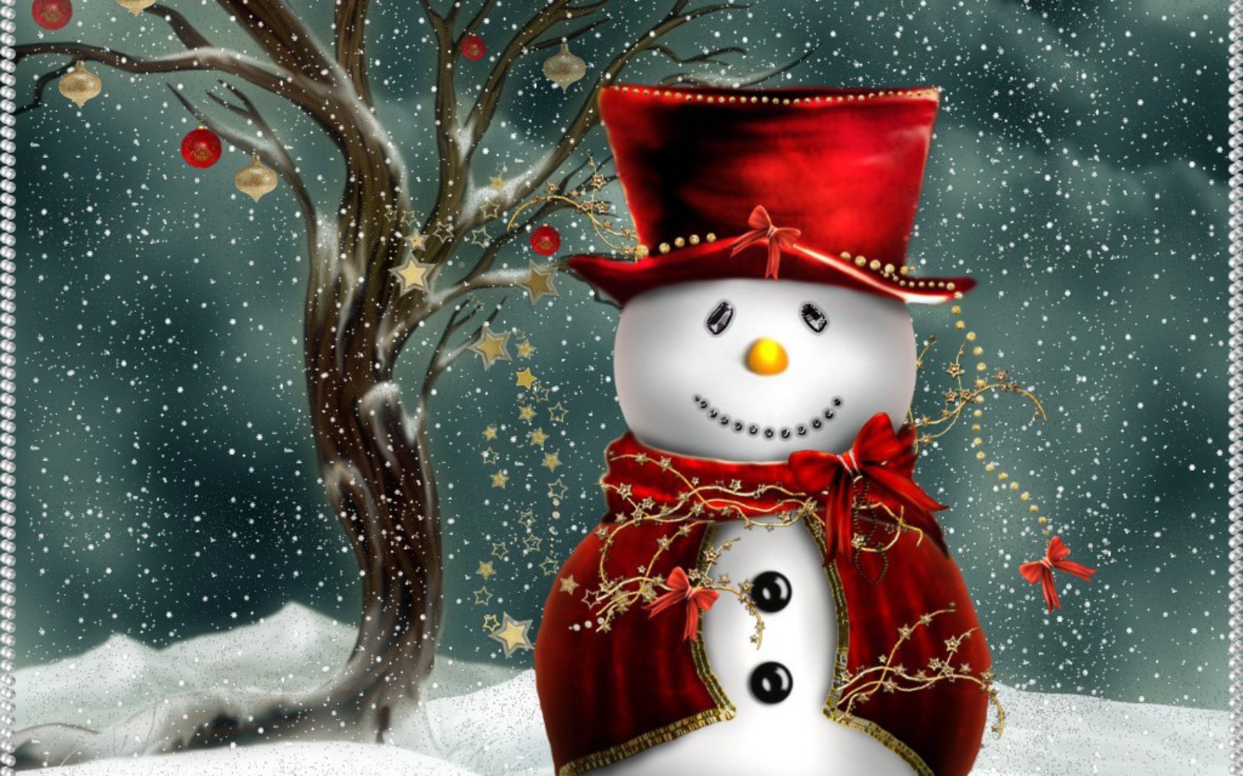 Christmas ornaments, snowflake, snowman with hat, snow. Frosty The Snowman desktop wallpaper.