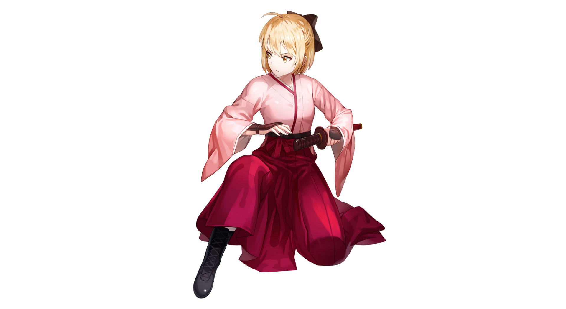 HD PC desktop wallpaper of Sakura Saber (Saber, Fate/Grand Order): anime-style character in a pink kimono and red hakama, kneeling while holding a drawn sword.