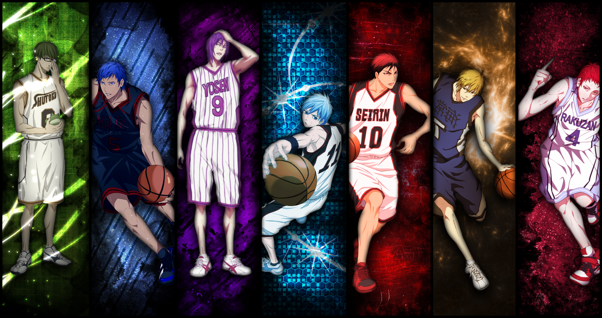4K Ultra HD wallpaper featuring Atsushi Murasakibara, Shintarō Midorima, Daiki Aomine, Ryōta Kise, Seijūrō Akashi, and Tetsuya Kuroko from the anime Kuroko's Basketball.