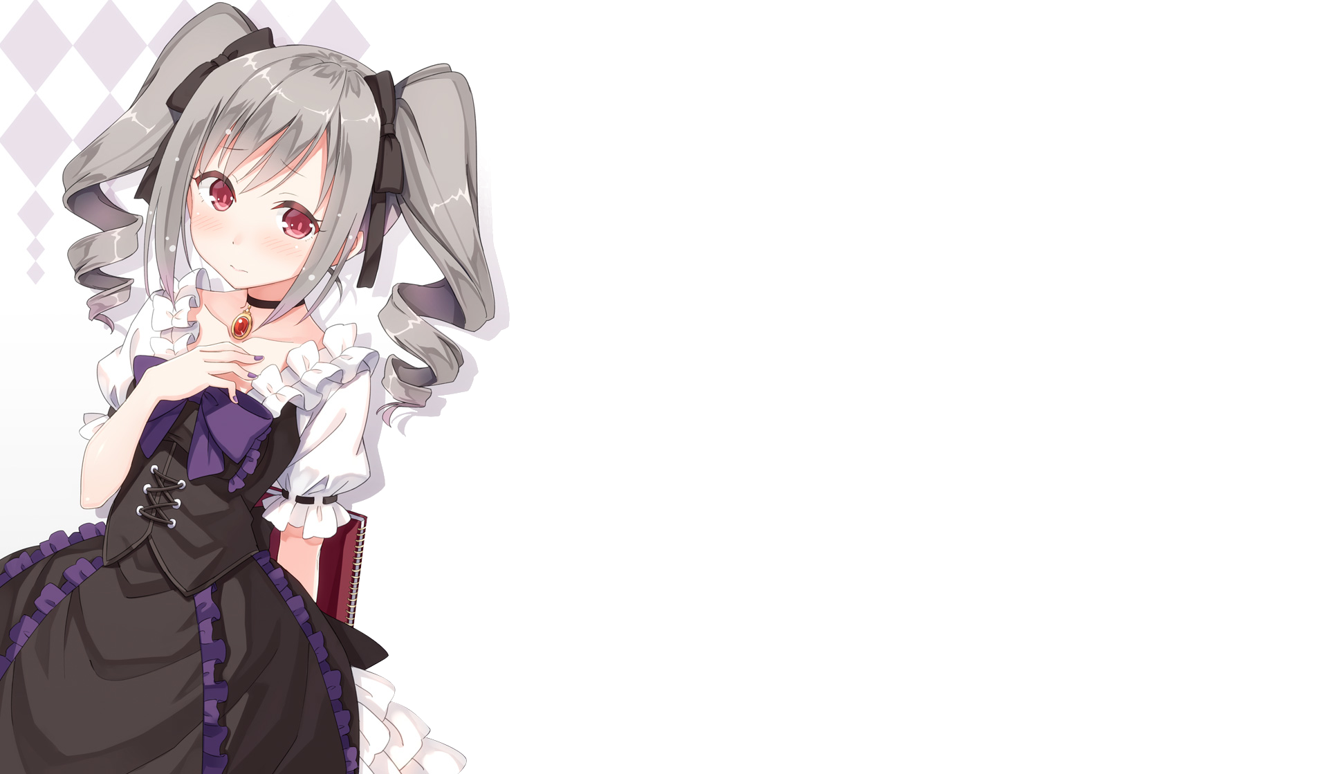 Anime HD desktop wallpaper featuring Ranko Kanzaki from The iDOLM@STER Cinderella Girls with long grey twintails, red eyes, and a black dress with a necklace.