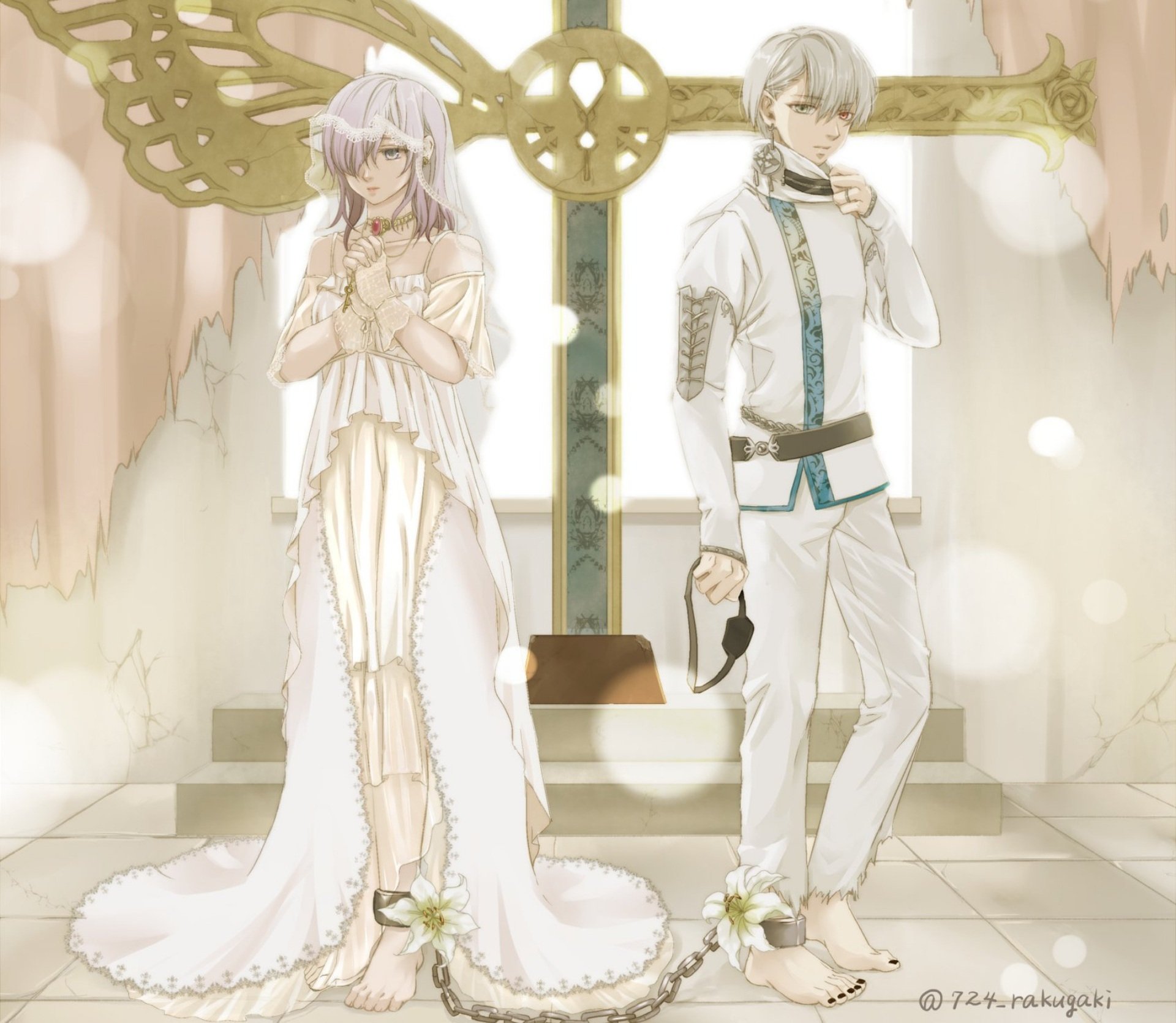 HD anime desktop wallpaper featuring Ken Kaneki and Touka Kirishima from Tokyo Ghoul:re, depicted in elegant white attire with a soft, ethereal background.